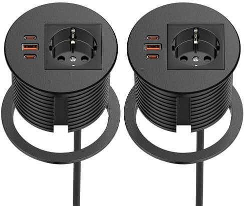 2-pack inbyggt uttag med USB-C PD 35 W & USB-A 30 W, Sewingvr bordsuttag för kök och kontor, infällbart uttag med 3 USB-portar och 1,8 m kabel, svart