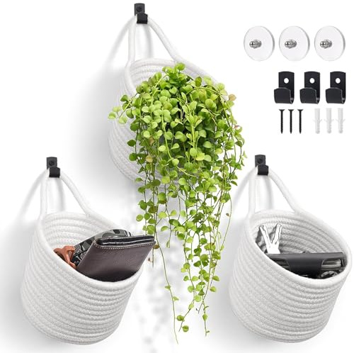 3 Stück Wandkorb Rund Behälter Hanging small basket Hängende Baumwollseilkörbe Wandkorb Hängen Hängende Aufbewahrungskörbe mit 3 Haken Aufbewahrungskorb für Küche Bad Schlafzimmer Wohnzimmer (Weiß)