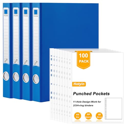 Hotyin Lot de 4 Classeurs à 4 Anneaux avec 100 Pochettes Plastique A4