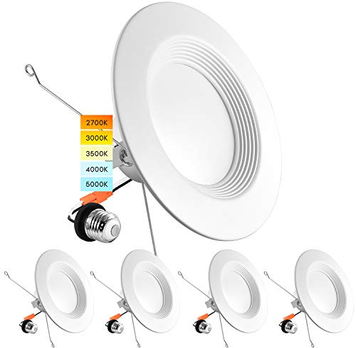 LUXRITE 5/6 Inch LED Recessed Retrofit Downlight, 14W=90W, CCT Color Selectable 2700K | 3000K | 3500K | 4000K | 5000K, Dimmable Can Light, 1100 Lumens, Wet Rated, Energy Star, Baffle Trim (4 Pack)