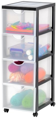 Iris Ohyama Kunststoff-Schubladenbox mit Rollen, 4 tiefen Schubladen, Schwarz, Griffe zum Ziehen, Für Schlafzimmer, Bad, Schule & Büro, BPA-frei, Schubladenschrank, Rollcontainer, A4 Drawer, DDDC-304