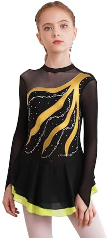 Freebily Vestido de Danza para Niña Maillot de Manga Larga con Brillante Leotardo Gimnasia Rítmica Maillot de Patinaje Competición Traje de Baile Amarillo 7-8 años