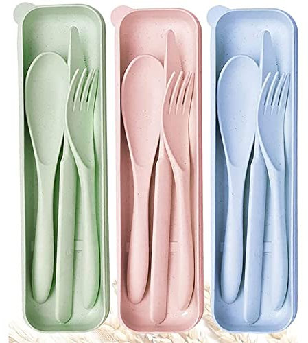 Travel Cutlery Set, 3 Pack Reusable Plastic Forks & Spoons, Portable Camping Cutlery for Adult Travel, Picnic, Camping or Daily Use (Blue, Green, Pink)