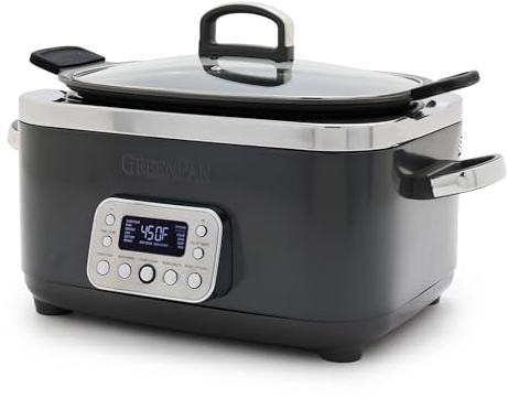 GreenPan Elite 8-in-1 Programmable 6QT Electric Slow Cooker, Dishwasher Safe Lid & Removable Crock, PFAS-Free Healthy Ceramic Nonstick Multi-Cooker, Sear,Sauté/Brown,Steam Basket,Roast, Graphite