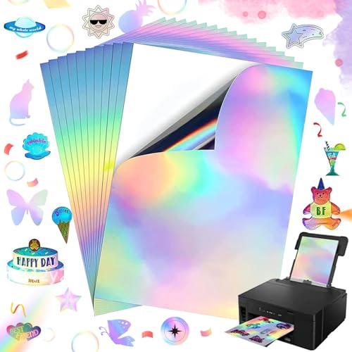 20 ark holografisk självhäftande papper, A4 transparent vattentät självhäftande film, regnbåge, holografisk vinylfilm, papper, för bläckstråleskrivare och laserskrivare