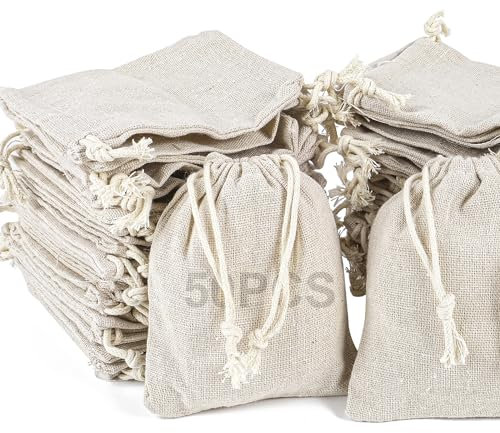 RUBY 50 Bolsas de Algodón y Lino con Cordón - 10 x 15cm Bolsitas de Tela, Saco Arpillera, Bolsas de Regalo para Bricolaje, Reuniones, Bodas, Navidad