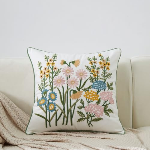 ZUODUTEX Funda de cojín bordada de crisantemo amarillo pequeño, 45 x 45 cm, funda de cojín de lona con flores rosas, funda de cojín con bordado de margaritas azules (rosa)