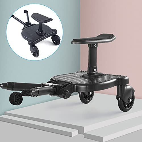 Hjälfs sittbräda Buggy Board med säte och förvaringsbälte stegbräda Kiddy stående bräda hängare rullbräda för barnvagnstillbehör pedal adapter universal svart upp till 3–6 år max 25 kg