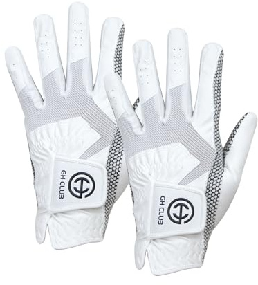 GH CLUB Men's Golf Glove Worn on Left Hand 2 Pack Non-Slip Silicone Extra Grip Synthetic Leather Durable Polyurethane All Weather (White, Medium)