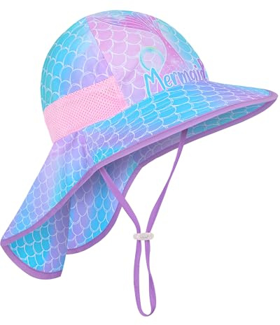 Kids Sun Hat Anti-UV Girls Wide Brim Neck Flap UPF 50+ Sun Protection Mermaid Beach Hat with Adjustable Chin Strap 2-9