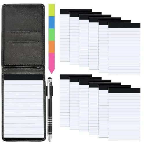 Meetory Juego de 15 Cuadernos Pequeños de Bolsillo, incluye soporte para bolígrafo A7 de piel sintética con 50 hojas rayadas, 12 recambios de bloc de notas con 30 papeles rayados, bolígrafo de metal y