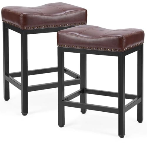 UOCFYK Counter Stools Set of 2 Upholstered Counter Height Bar Stools with Padded Seats and Metal Base, Leather Saddle Stool for Modern Kitchen Island, 22.4-Inch, Brown