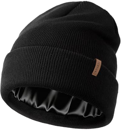 FURTALK Satin Lined Beanie for Women Men Knit Beanie Hat Acrylic Winter Hats Warm Slouchy Skull Cap Black