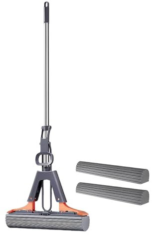 Trapeador Exprimible, Trapeador De Esponja con Rodillo,Fregona Rodillo para Piso con Mango Ajustable En Esponja PVA | 2 Recambios De Cabezal De Esponja Incluidos, Fregona Enrollable Absorbente