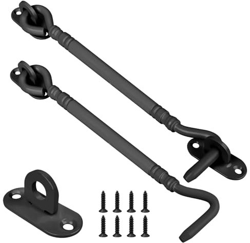 Pack of 2 Storm Hooks with Eyelet, 8 Inches, Black Window Hooks, Window Stopper, Upgraded and Thickened for Upper and Lower Door Storm Hooks, Made of Wood, with 8 Mounting Screws