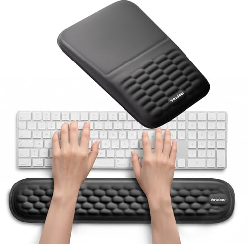 VAYDEER Set Reposamuñecas Teclado y Alfombrilla de Ratón – Almohadilla Ergonómica de Espuma Viscoelástica, Soporte Antideslizante para Oficina, Portátil y Gaming – Negro