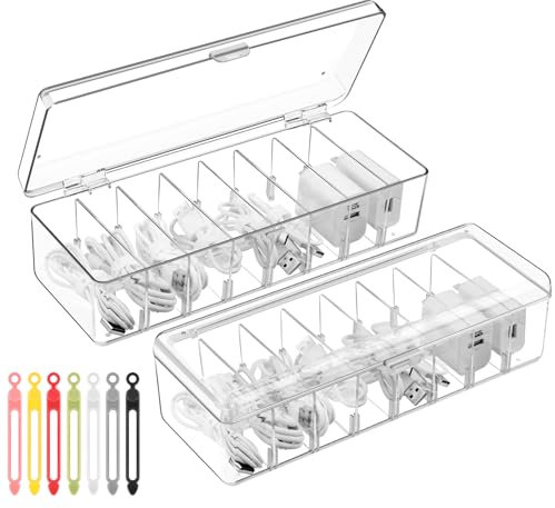 Muyohix 2 organizadores de cables, caja porta cuerda transparente con tapa, caja para el almacenamiento de cables con 7 bridas para oficina, casa, accesorios de escritorio
