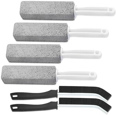 Piedra pómez para inodoro, limpiador de cepillos mágicos con mango largo, 4 piezas de piedra pómez de limpieza de inodoro y 2 cepillos de huecos para el hogar, cocina, baños, ranuras de ventana