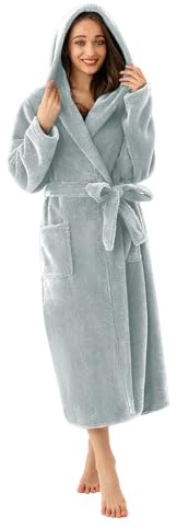 RONGTAI Hooded Robes for Women Long Plush Bathrobe Soft Warm Thick Nightgown with Pockets Belt Fluffy Sleepwear Grey L