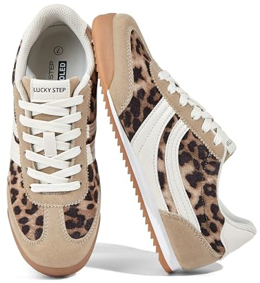 LUCKY STEP Women's Thin Retro Slim Tennis Sneakers,Leopard,9