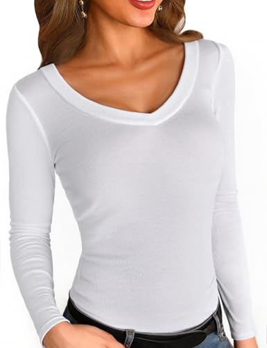 Aottori Camiseta Mujer Manga Larga Cuello Pico Top Básico Canalé Camisetas Shirt Elegante Ajustado Elástico Liso Jersey Túnica