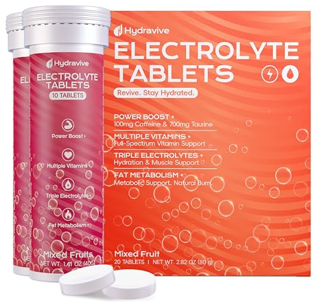 Hydravive Caffeine Effervescent Tablets – Clean Energy + Hydration Support with 100mg Caffeine, Taurine, B Vitamins & Electrolytes, Sugar Free, Keto Friendly, Vegan-20 Tabs