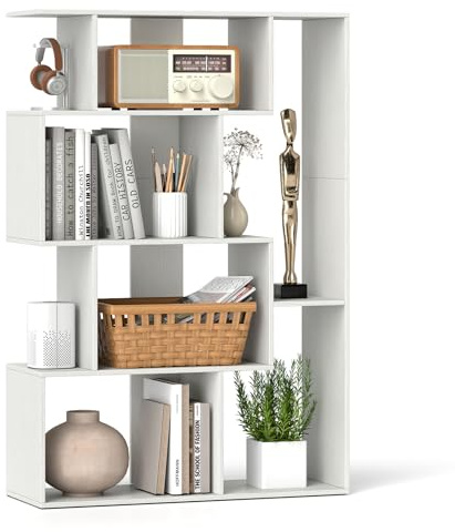 COSTWAY geometrische Bücherregal, 6-Würfel Holzregal mit Kippsicherungen, Raumteiler freistehend, Bodenregal Display 80 x 30 x 119 cm, Standregal für Schlafzimmer, Wohnzimmer (Weiß)