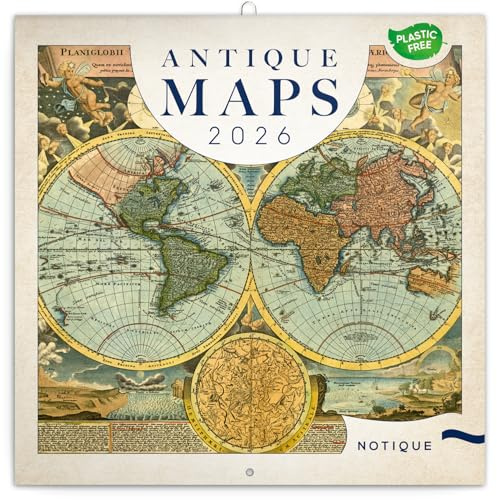 NOTIQUE Calendrier mural 2026 - Cartes anciennes - Sans plastique - Avec calendrier mensuel - 30 x 30 cm (30 x 60 cm) ouvert