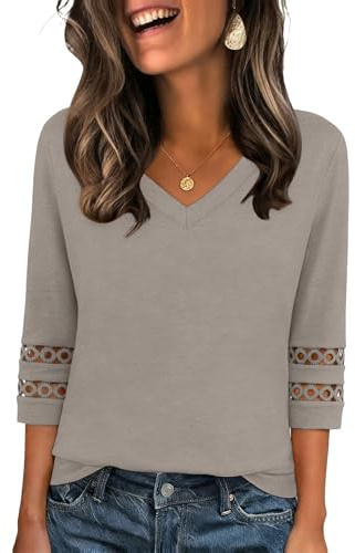 Zeagoo Blusa Mujer Elegante Túnica de Manga 3/4 Verano Camiseta Cuello en V Suelta Tops Shirt Bordado de Ojales S-3XL