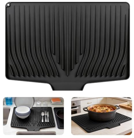 Tappetino Scolapiatti, 48x34,5 cm, Tappetino Scolapiatti per Lavello con Scarico, Sottopentola Scolapiatti in Silicone Antiscivolo con Scanalature per Piano di Lavoro Cucina (Nero)