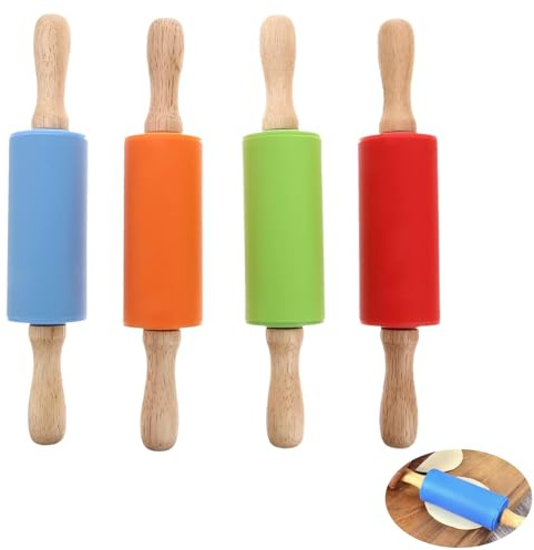 GREATRICH 4 Piezas Rodillo Cocina Niños, 23cm Rolling Pin de Silicona Antiadherente con Mango Madera, Rodillo de Amasar Reutilizable para Galletas, Herramientas Plastilina (Rojo, Naranja, Verde, Azul)