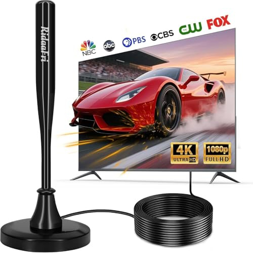 RidaaFriDigital TV Antenna Indoor for Smart TV HDTV Television, Strong Magnetic Base and 360° Reception, Support Free Local 4K 1080P Channels Easy Installation with 16FT Coax Cable