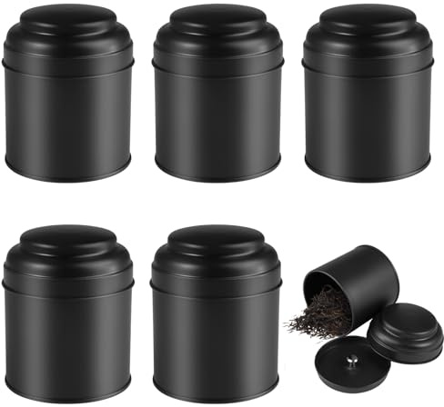 TESSTSY 6 stycken tekannor för löst te, 9 x 7,5 cm, kryddburkar svarta | Stapelbar med extra aromtillbehör, inklusive köksburkar i metall med lufttäta dubbla lock, för kryddor, socker