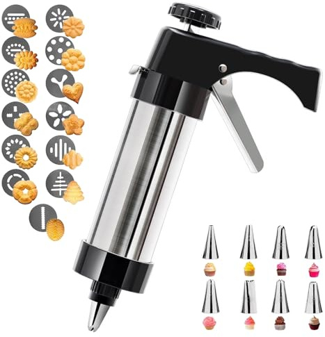 KINDLUME Sparabiscotti, Spara Biscotti per Frolla in Acciaio Inox, Pressa per Biscotti con 13 Stencil, 8 Beccucci, Kit per Dolci Multiuso, per Biscotti Fatti in Casa, Churros e Decorazione Torte