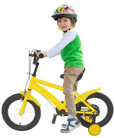 yunaoii Vélo pour enfant de 14 pouces, jaune, avec protection de chaîne et 2 pneus de rechange, pour apprendre à faire du vélo, avec hauteur d'assise réglable, convient pour garçons et filles