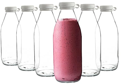Argon Tableware Tallo Glass Bottles - Large Fridge Storage Serving Carafe Decanter for Water, Juice - 1 Litre - Pack of 6