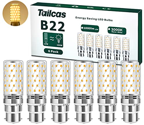 lead bayonet B22 LED Light Bulb, 100W Equivalent, 12W 3000K Warm White 1000Lumen, Energy Saving Not Dimmable No Flicker, 6 Pack [Energy Class A+]