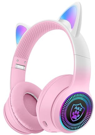VIGROS Cat Ear Gaming Bluetooth 5.3 Wireless Foldable Headphones with LED Light, Stereo Game Surround Sound Over-Ear Headsets with Microphone AUX for PC, Pad, Mobile, Laptop, Game, Kids, Gift
