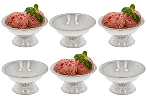 Stainless Steel Ice Cream Cups Set of 6 Footed Dessert Bowls Sundae Dishes Metal Ice Cream Sorbet Fruit Salad Pudding Serving Dishes Reusable for Home, Kitchen, Restaurant, 10cm