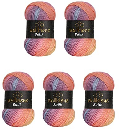 5 x 100 g Wollbiene Batik, 500 g de lana con degradado de color, multicolor, lana de ganchillo (2020 amarillo, naranja, baya)