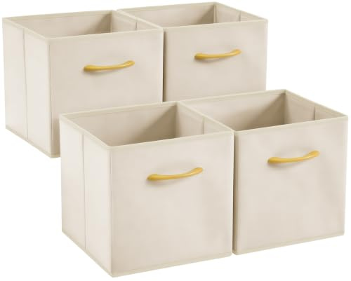 Collapsible Fabric Storage Cubes, Pack of 4 Foldable Boxes with Handles | Beige 33 x 38 x 33 cm | Non-Woven Fabric | Open-Top Cube Shelf Baskets For Wardrobes, Toys, Clothes & Nursery