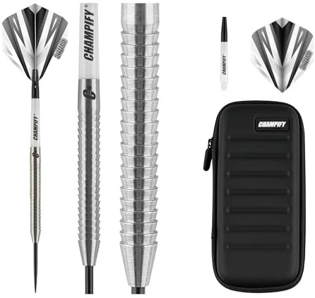 Champify® 21g Tungsten Darts Set “Blizzard” mit schwarzer Darttasche | 3 Steeldarts mit 9 Schäften & 9 Flights | Dart Set inkl. extra Flights und Schäfte | Dartpfeile mit Metallspitze