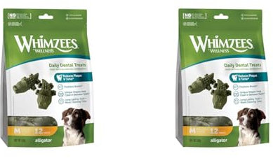 WHIMZEES by Wellness Krokodil, natürliche, getreidefreie Zahnpflegesnacks, Kaustangen für mittelgroße Hunde, 12 Stück, Größe M (Packung mit 2)