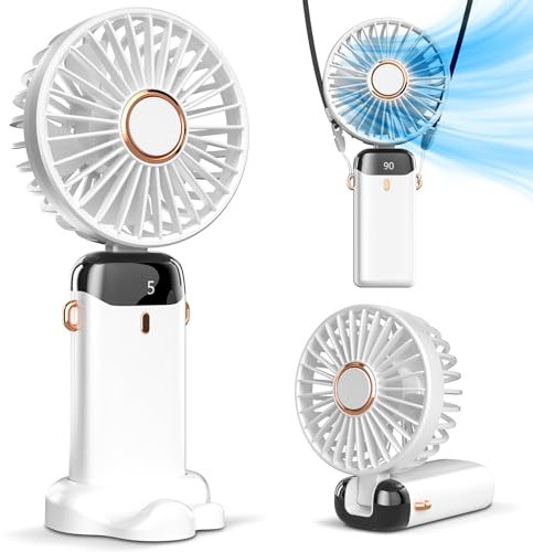 Koonie Ventilador de mano portátil, funciona con pilas, con base, 8 horas, pantalla digital, 5 velocidades, ajustable a 90°, mini ventilador recargable para interiores y exteriores, color blanco
