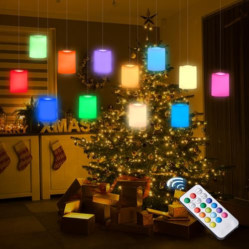IMAGE Floating Candles with Remote Timer, 12 Pack 1.5×2 Inch Tea Lights Battery Operated, 250+ Hours Long-Lasting Hanging Candles for Wedding Home Decor Birthday Gifts (RGB)