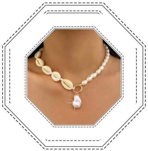 Jovono Boho snäckskal halsband guld pärla hänge halsband pärlor hav skal choker skal surfare halsband för kvinnor, /
