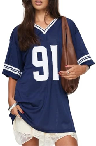 Women Y2k Jersey Shirts Short Sleeve V Neck Oversized Number Graphic T-Shirt Sport Casual Tee Tops Summer Streetwear (A-Navy Blue, XL)