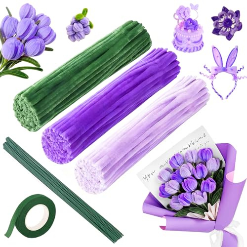 UNIANE 300 stycken piprensare, blomset, 20 stycken grön pysseltråd, tejp, piprensare för pyssel, lila tulpanbukett, piprengörare, böjplysch 30 cm piptråd för pyssel | Rörrengöring för pyssel, lila tulpan bukett piprensare, böjplysch 30 cm piptråd för pyssel