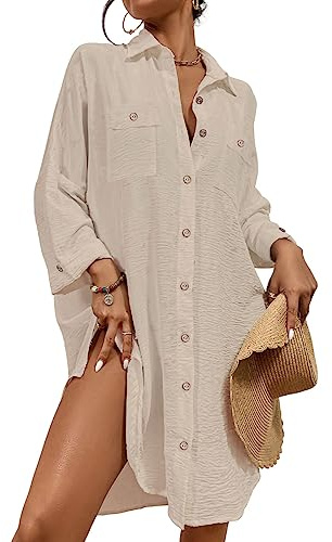 Bsubseach Modern Swimsuit Coverups for Women Button Down Beach Shirt Dress Tops Resort Wear Apricot XXXL