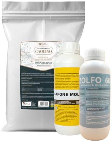 Ossian Caolino Micronizzato per Piante 10 KG + Sapone Molle 1 L + Zolfo 60 1 L – Kit Difesa Biologica Mosca Olivo, Insetti e Parassiti – Barriera Naturale, Agricoltura Bio